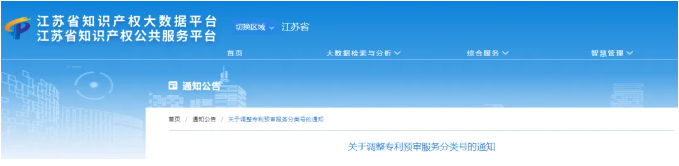 江蘇省關(guān)于調(diào)整專利預審服務(wù)分類號的通知